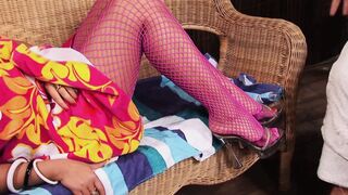 Hot brunette in fishnets gets her ass licked before guy fucks her