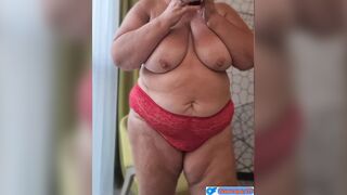 Sexy BBW Granny in pink robe shows her awesome pussy and dildo herself.