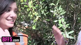 BFFS - Three Beautiful Teens End Up Their Save The Earth Naked Protest Sucking A Worker's Dick