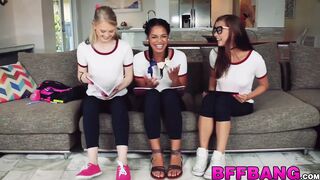 Amazing petite sluts share a gigantic cock POV style