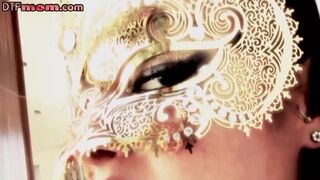 Curvy masked milfs sucking in threesome before riding cock