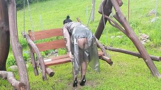 Behold my new style - a "Mac" transparent raincoat along with open-nipples bra and havana heel genuine nylon stockings