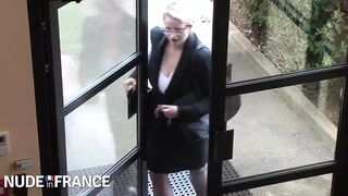 Trashy blonde slut wraps huge tits around cock