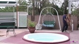 A Beautiful Brunette Outside Enjoys Getting Fucked in an Orgy with Horny Guys