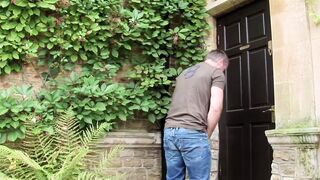 Sexy redhead in fishnets gets hard doggy style fuck in a lavatory outdoors