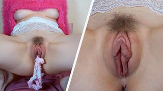 Stepsister fingerfucks big puffy pussy and stuffs panties inside to soak all pussy juices while bored at home alone