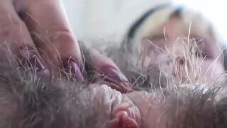 Super Hairy All Over Girl Plays with Pussy