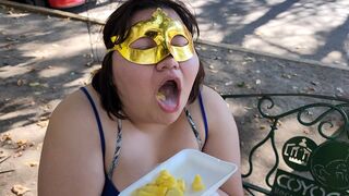 I suck my man's ass, cock and balls, extract a lot of cum and eat it with pineapple in public